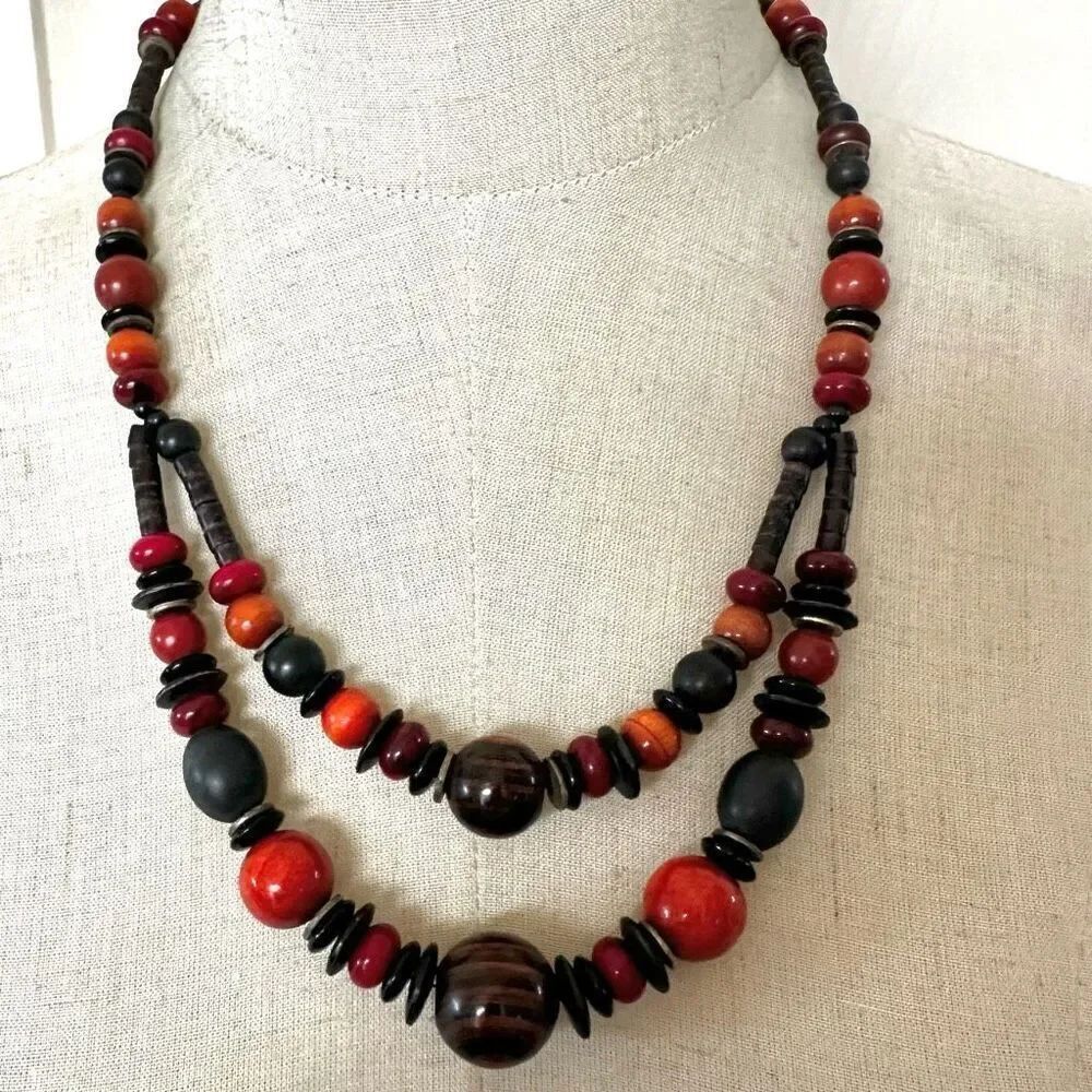 VINTAGE CAROL DAUPLAISE MULTI strand WOOD & SHELL BEAD NECKLACE